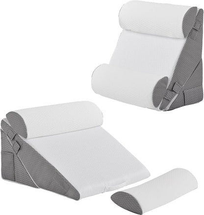 Adjustable 4pcs Bed Wedge Pillow Set, Memory Foam Wedge Pillows Post Surgery for Back, Neck, Leg Pain Relief, Pillow Wedge for Sleeping, Sitting up in Bed, Acid Reflux and GERD, White/Grey