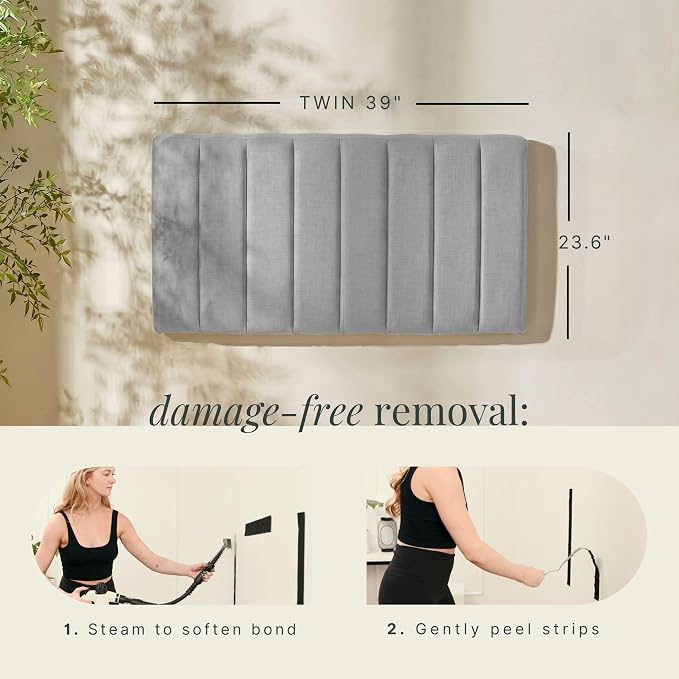 Hearth & Harbor Wall Mounted Twin Headboard Only, Bed Headboard Twin Size | Easy Assemble, Floating Peel and Stick, Upholstered, Channel Stitched, 3D Wall Panels, 5 Strips of 3M Tape Included, Silver