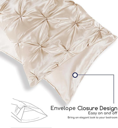 MR&HM Satin Comforter Twin 5 Pieces - Luxurious Pinch Pleat Bedding Set with Comforter, Flat Sheet, Fitted Sheet, Pillowcase & Sham, Super Silky Soft Bed Set for All Season (Twin, Beige)