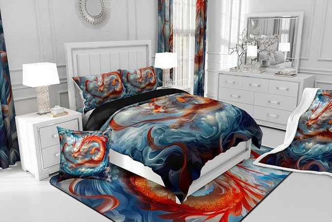 Feelyou Dragon Monster Bedding Set King Size Red Mighty Dragon Duvet Cover for Adult Kids Boys Girls Classical Monster Comforter Cover Set Wild Animal Bedspread Cover 3Pcs Zipper