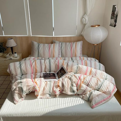 EAVD Retro Striped Duvet Cover King Soft 100% Washed Cotton 3-Piece Vintage Colorful Striped Bedding Set with 2 Pillowcases Reversible Geometric Print Duvet Cover with Zipper Closure