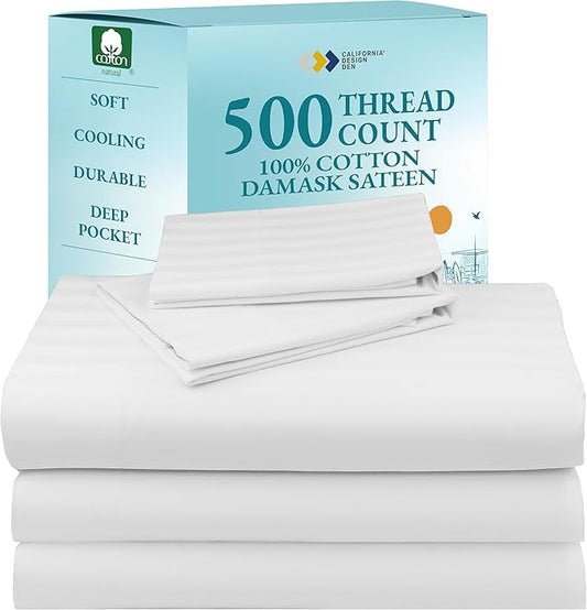 Luxury Split King Sheets Set For Adjustable Bed, 100% Cotton 500 Thread Count Sateen, Snug Fit, Set with Twin-XL Fitted Sheets, Damask Stripe Bedsheets (Split King, Stripe - White)