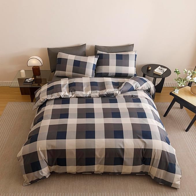 CLOTHKNOW Blue Plaid King Size Comforter Set Gingham Tartan Bedding Comforter Sets Geometric Comforter King Sets with 2 x Pillow Cases