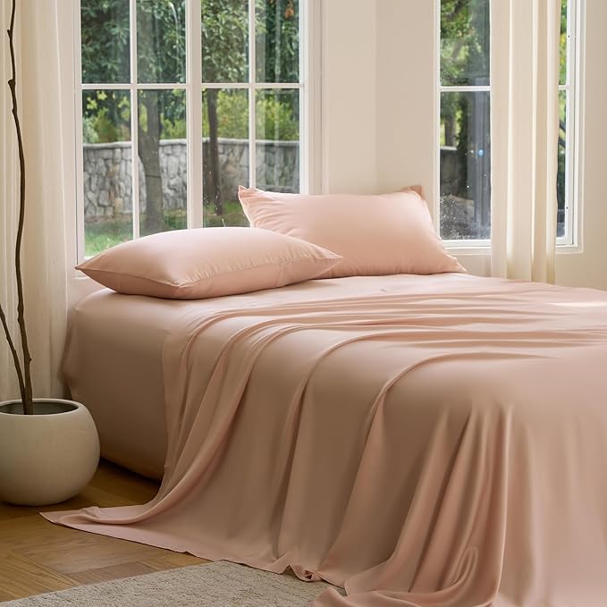 DOZ Sheet Set, 100% Viscose derived from Bamboo, Organically Grown, Buttery Soft, Cooling Sheets, High GSM, Deep Pockets - 3 Piece - 1 Pillowcase 1 Fitted 1 Top Sheet (Blush, Twin)