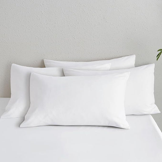 MooMee Bedding Pillowcases Pack of 4 100% Washed Cotton Linen Like Textured Breathable Durable Soft Comfy (Solid Off White, Standard)