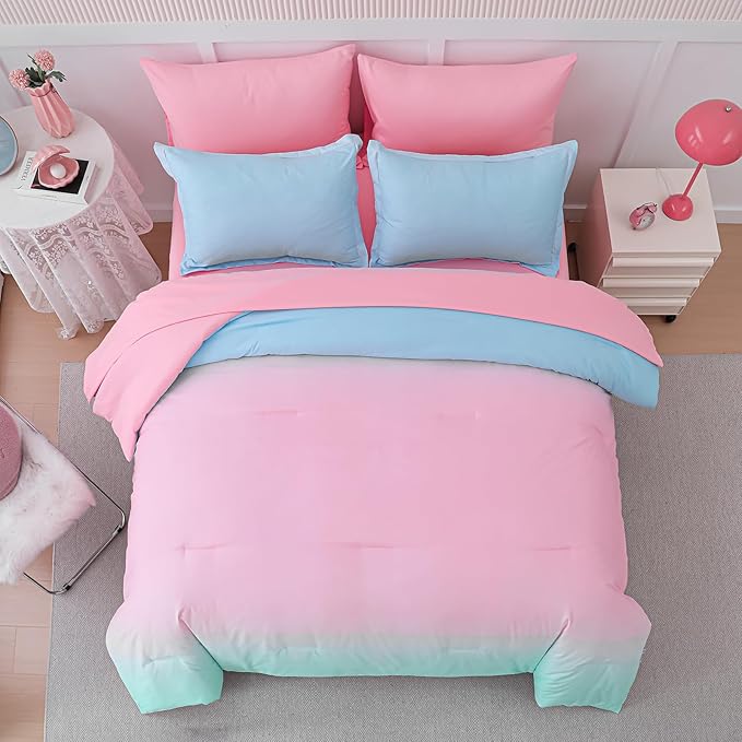 Drucon Comforter Set Twin for Teen Girl & Women, 6 Pieces Bed in A Bag Gradient Pink Green Bedding Set (1 Comforter, 1 Flat Sheet, 1 Fitted Sheet, 1 Pillow sham, 2 Pillowcases)