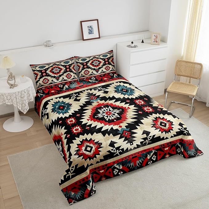 Feelyou Boho Comforter Set Queen Size Southwest Native American Design Comforter Southwestern Geometric Bedding Set Western Decor Duvet Set Black Beige Quilt Set