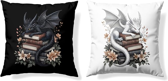 Vintage Magical Black White Dragon Reading Book Decor Throw Pillow Covers 18x18 Set of 2, Fantasy Room Decor for Kids, Gamers, and Bookworms,Reading Nook Decor, Gifts for Bookworm Readers(78)