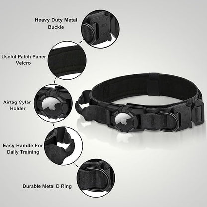 Tactical AirTag Dog Collar Leash Set - Heavy Duty, Adjustable GPS Collar | Compatible with Apple AirTag, with Holder & Control Handle for Medium/Large Dogs [ Black, M ]