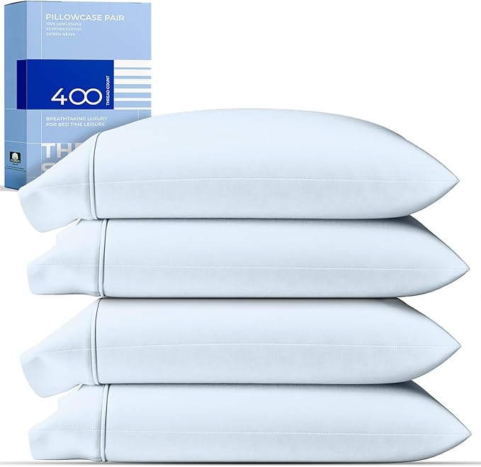 THREAD SPREAD 100% Cotton Pillow Cases Queen Size Set of 2 - Luxury 400 Thread Count Queen Pillow Cases (Light Blue), Soft Cooling Breathable Hotel Quality Cotton Pillowcases, Fits Standard Pillows