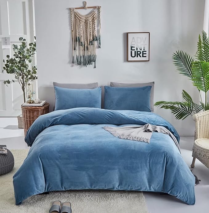 Houseri Velvet Blue Comforter Set California King Fluffy Dusty Blue Flannel Bedding Sets Puffy Lake Blue Cal King Comforter Sets Light Blue Sherpa Comforter Oversized King Warm Fuzzy Quilts Cal King