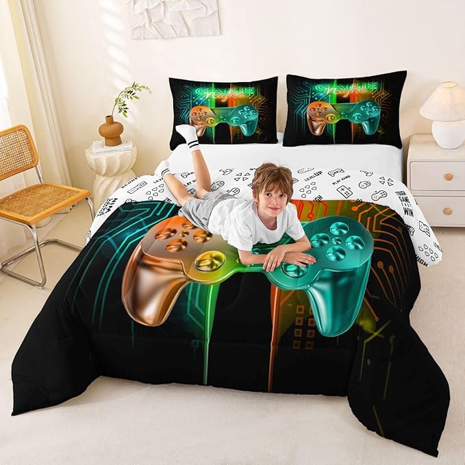 Feelyou Gamer Comforter Kids Gaming Video Game Comforter Set for Boys Teens Noverlty Modern Gamepad Bedding Set Breathable Gamer Console Bedding Duvet Set Bright Orange Green Room Decor King Size