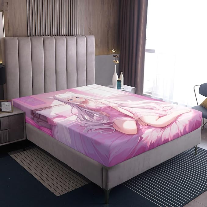 Erosebridal Queen Size Japanese Anime Fitted Sheet for Kids, Anime Girl Bedding Set Kawaii Japanese Style Bed Sheets Cartoon Japan Animation Bed Set for Boys Teen Adult Women Bedroom,Pink