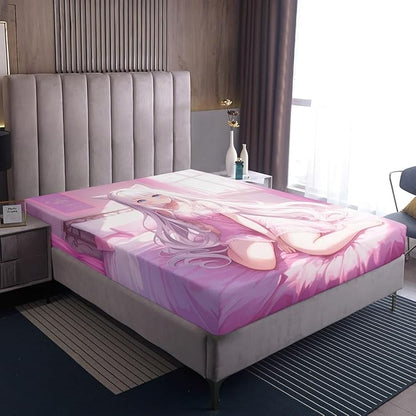 Erosebridal Full Size Japanese Anime Fitted Sheet for Kids, Anime Girl Bedding Set Kawaii Japanese Style Bed Sheets Cartoon Japan Animation Bed Set for Boys Teen Adult Women Bedroom,Pink