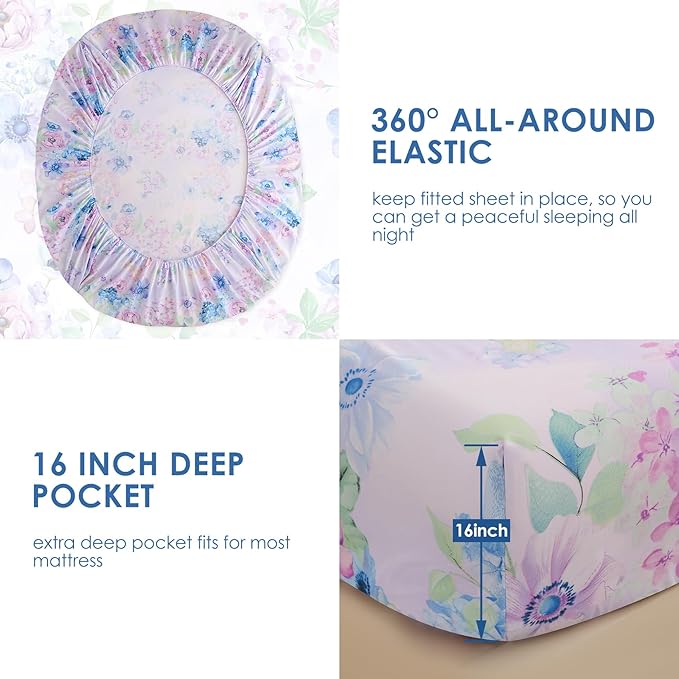 JSD Purple Hydrangea Floral Sheet Set Queen Size, 4 Piece Printed Microfiber Bed Sheets Deep Pocket
