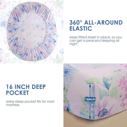 JSD Purple Hydrangea Floral Sheet Set Twin Size, 3 Piece Printed Microfiber Bed Sheets Deep Pocket
