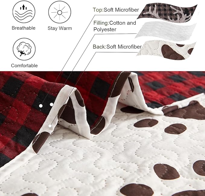 Ycosy Moose Bear Quilt Set Twin Size Plaid Bedding Red Black Patchwork Rustic Quilts Reversible Lodge Bear Bedspread Geometric Cabin Coverlet Lightweight Bedcover Woodland Decor(68"x 86")