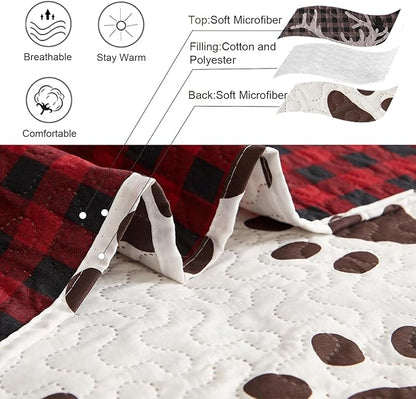 Ycosy Moose Bear Quilt Set Twin Size Plaid Bedding Red Black Patchwork Rustic Quilts Reversible Lodge Bear Bedspread Geometric Cabin Coverlet Lightweight Bedcover Woodland Decor(68"x 86")