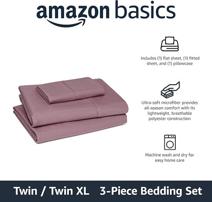 Amazon Basics Lightweight Super Soft Breathable Wrinkle-Free Microfiber 3-Piece Bed Sheet Set, Twin XL, Rose, Solid