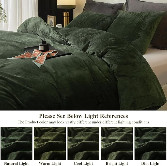 Ivellow Velvet Duvet Cover Queen Set Dark Green Comforter Cover 3Pcs Ultra Soft Cover Breathable Solid Luxury Flannel Velour Duvet Cover Zipper Closure Corner Tie