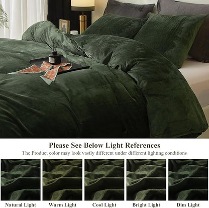 Ivellow Velvet Duvet Cover Queen Set Dark Green Comforter Cover 3Pcs Ultra Soft Cover Breathable Solid Luxury Flannel Velour Duvet Cover Zipper Closure Corner Tie