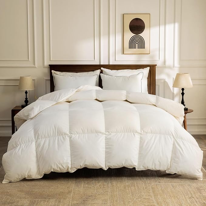 BPC Organic Feather Down Comforter Twin Size, Hotel-Luxury Fluffy Duvet Insert with 100% Cotton Cover and Puffy Feather Down Filling for All-Season, Ivory White, 68x90 Inches