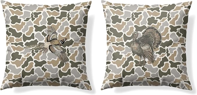 Vintage Camo Turkey Pheasant Throw Pillow Covers 18x18 Set of 2, Turkey Pheasant Hunting Pillowcase, Camouflage Farm Animal Decorative Pillow Covers,Camouflage Wild Animal Decor