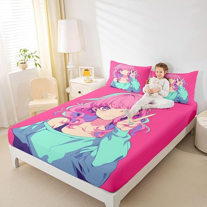Japanese Anime Bedding Set 3D Anime Girl Fitted Sheet, Kawaii Japanese Style Bed Sheets Cartoon Uniform Girl Sheets Hot Pink Room Decor, Queen 3Pcs, 1 Fitted Sheet 2 Pillowcases (No Top Sheet)