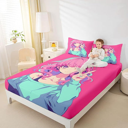 Japanese Anime Bedding Set 3D Anime Girl Fitted Sheet, Kawaii Japanese Style Bed Sheets Cartoon Uniform Girl Sheets Hot Pink Room Decor, Queen 3Pcs, 1 Fitted Sheet 2 Pillowcases (No Top Sheet)