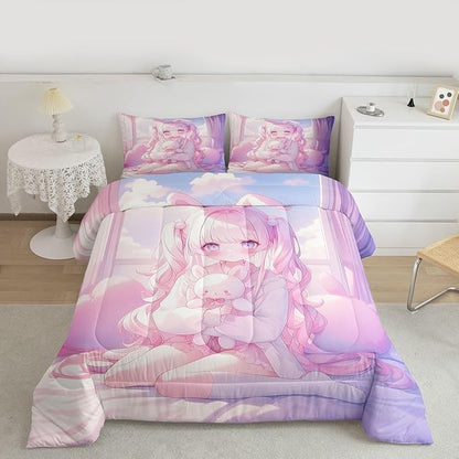 Erosebridal Romance Girly Comforter Set for Kids Boys Girls Anime Girl Bedding Japanese Girl Duvet Set Cute Cartoon Bear Comforter Full with 2 Pillowcases