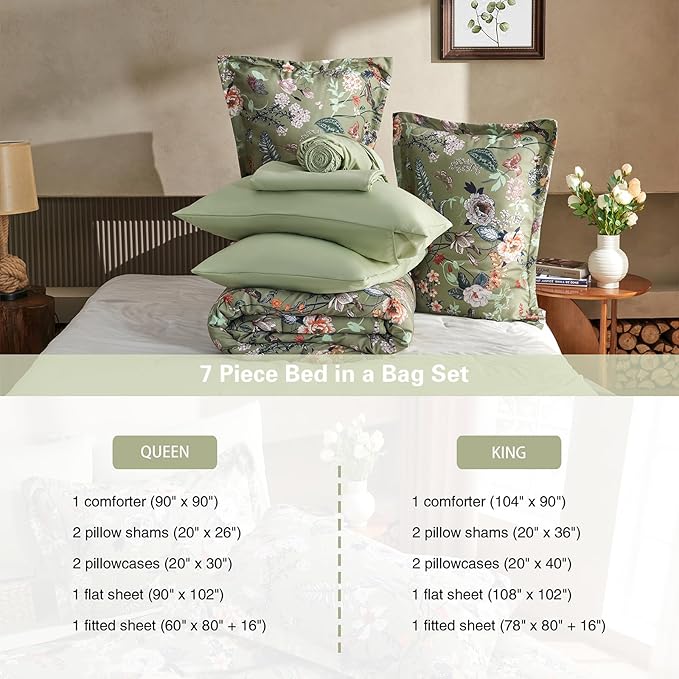 7 Piece King Comforter Set, Sage Green Butterfly Floral Comforter Set with Flowers Leaves Pattern, Soft Microfiber Complete Bedding Set for All Season(Sage Green, King)