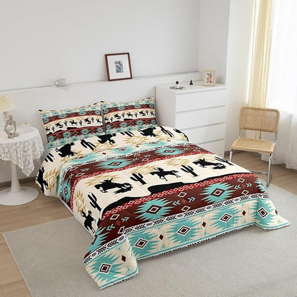 Feelyou Boho Comforter Set Full Size Horses Comforter Southwestern Native Aztec Bedding Set Farmhouse Wildlife Duvet Set Room Decor Beige Blue Quilt Set