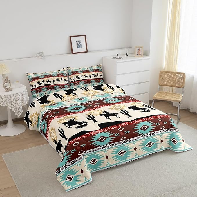 Feelyou Boho Comforter Set Toddler Size Horses Comforter Southwestern Native Aztec Bedding Set Farmhouse Wildlife Duvet Set Room Decor Beige Blue Quilt Set