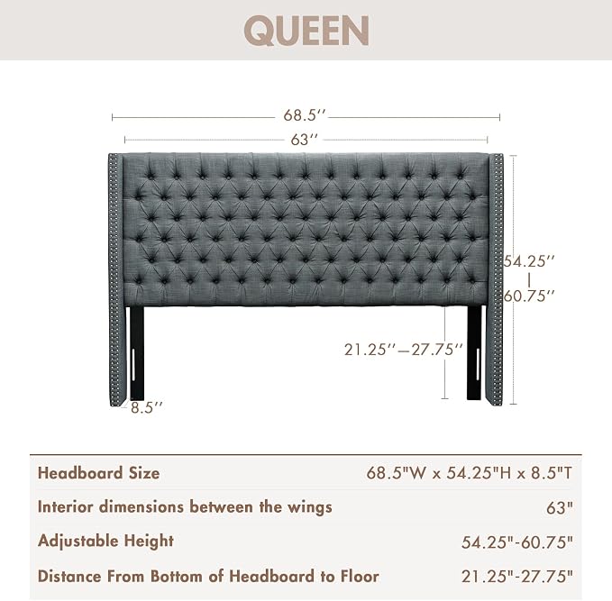 Madison Park Queen Wingback Upholstered Tufted Headboard, Featuring High-Density Sponge Padding, Adjustable Height Headboard, Easy Assembly, Dark Grey Woven