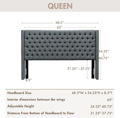 Madison Park Queen Wingback Upholstered Tufted Headboard, Featuring High-Density Sponge Padding, Adjustable Height Headboard, Easy Assembly, Dark Grey Woven
