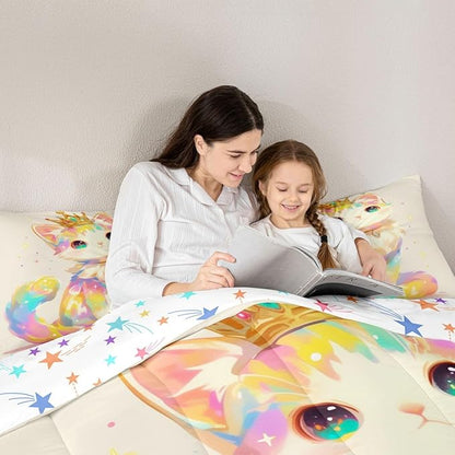 Cartoon Cat Comforter Set King Size Bedding Sets Watercolor 3D Anime Bed Comforter, Cute Pets Toddler Comforter for Animal Lovers Enthusiast Kawaii Anime Decor Design Quilt for Girls Kids Teens