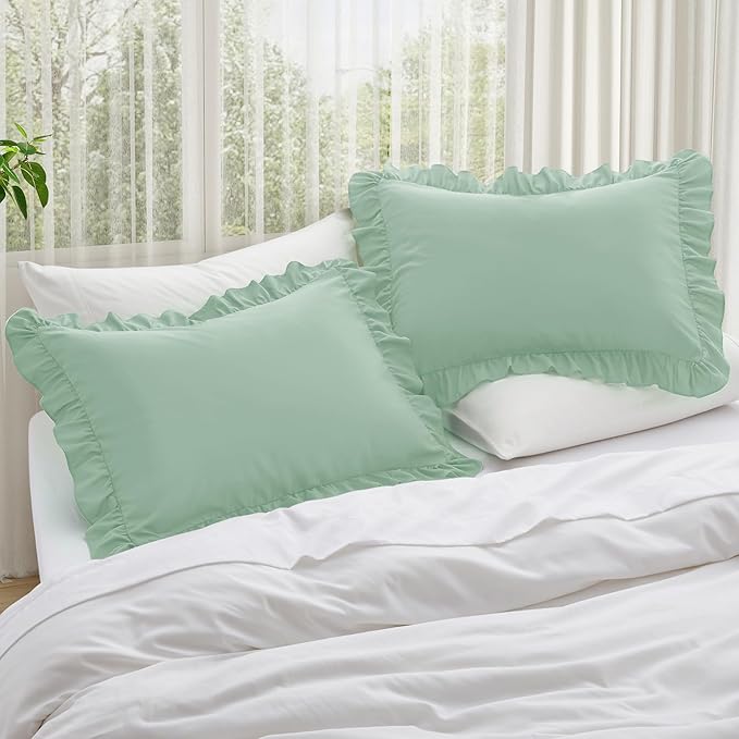 KKJIAF Ruffle Pillow Cases Queen Size Set of 2, Ruffled Pillow Covers with Envelope Closure, Wrinkle Resistant Pillowcases 20" x 30", Sage Green