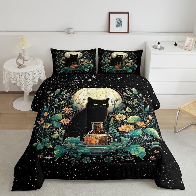 Cute Cat Kids Bedding Set Queen Size,Flower Leaves Comforter Set Moon Night Starry Sky Quilt Set for Girls Boys Teens Room Decor,Trippy Pet Animals Plant Duvet Insert,2 Pillowcases,Black