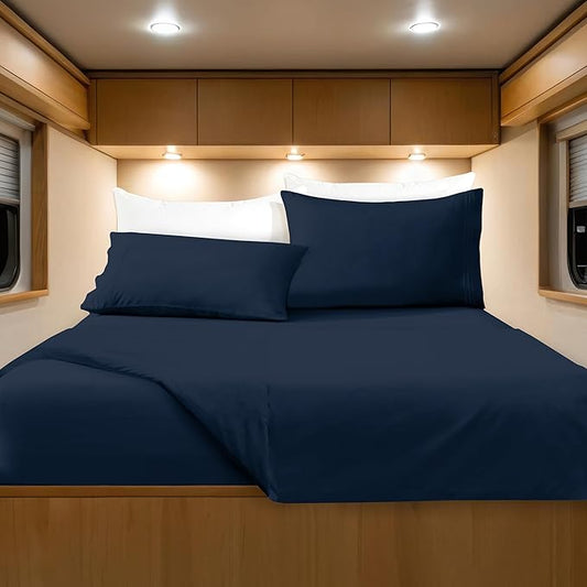 Elegant Comfort Luxurious 1500 Premium Hotel Quality Microfiber Three Line Embroidered Softest 4-Piece Bed Sheet Set, Wrinkle and Fade Resistant, RV Short Queen, Navy