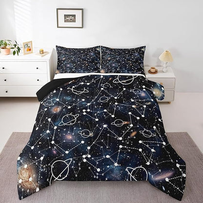 Erosebridal Starry Sky Comforter Set Queen Size Constellation Bedding Set Galaxy Sun Moon Down Comforter Purple Universe Print Bedroom Decor Quilt Set for Kid Men Women