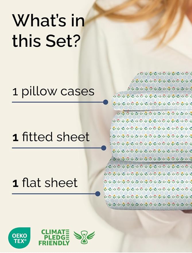 Floral Sheets - Flower Print Bed Sheet Set - 1 Flat, 1 Fitted & 1 Pillowcase w/ Deep Pockets - Comfy, Cozy, Wrinkle & Fade Free - Boho Botanical Bedding - Soft, Breathable & Cooling - Twin XL Size Set