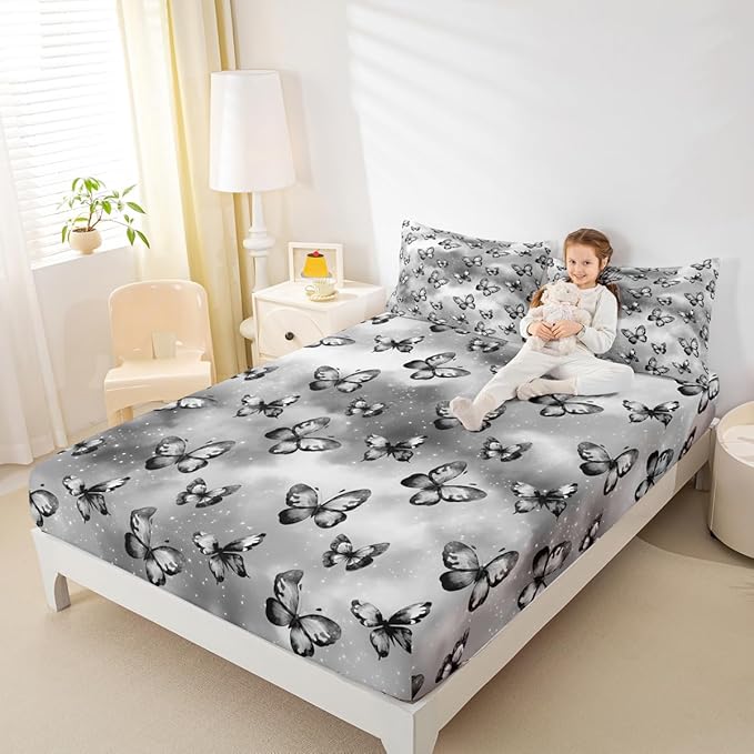 Erosebridal Butterfly Fitted Sheet for Boys Girls Kids Dreamy Coquette Full Bed Sheets,Watercolor Gradient Grey Butterfly Sheets Galaxy Stars Print Bedding Sets, No Top Sheet