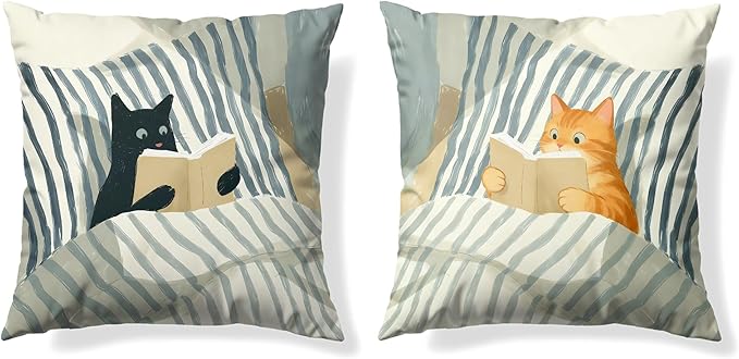 Funny Cat Reader Book Throw Pillow Cover 18 x 18 Set of 2, Gifts for Book Lovers, Reading Nook Corner Decor, Preppy Floral Black Orange Tabby Tuxedo Cats Bookish Pillowcase（03）
