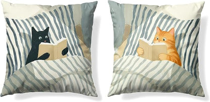 Funny Cat Reader Book Throw Pillow Cover 18 x 18 Set of 2, Gifts for Book Lovers, Reading Nook Corner Decor, Preppy Floral Black Orange Tabby Tuxedo Cats Bookish Pillowcase（03）