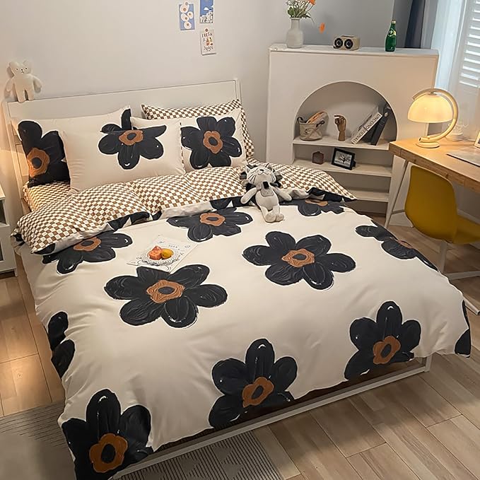 Luxlovery Black Floral Comforter Set King Women Sunflower Black and White Bedding Comforter Set Chic Bohemian Cute Flower Cute Blanket Quilts Girls Boho Bedding Set for King Bed