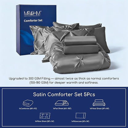 MR&HM Satin Comforter Twin XL 5 Pieces - Luxurious Pinch Pleat Bedding Set with Comforter, Flat Sheet, Fitted Sheet, Pillowcase & Sham, Super Silky Soft Bed Set for All Season (Twin XL, Dark Grey)