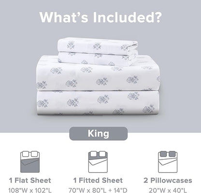 Comfort Spaces 100% Cotton Sheets King, Breathable, Naturally Cool Cotton Sheets, Soft Cotton Bed Sheets with 14" Elastic Pocket Fits up to 16" Mattress, All Seasons Sheet Set, Floral Blue 4 Piece