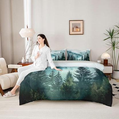 Erosebridal Foggy Mountain King Bed in A Bag 7 Piece Green Forest Pine Tree Comforter Set with Sheets Nature Misty Woodland Bedding Sets for Kids Adults,Flying Bird Bed Set