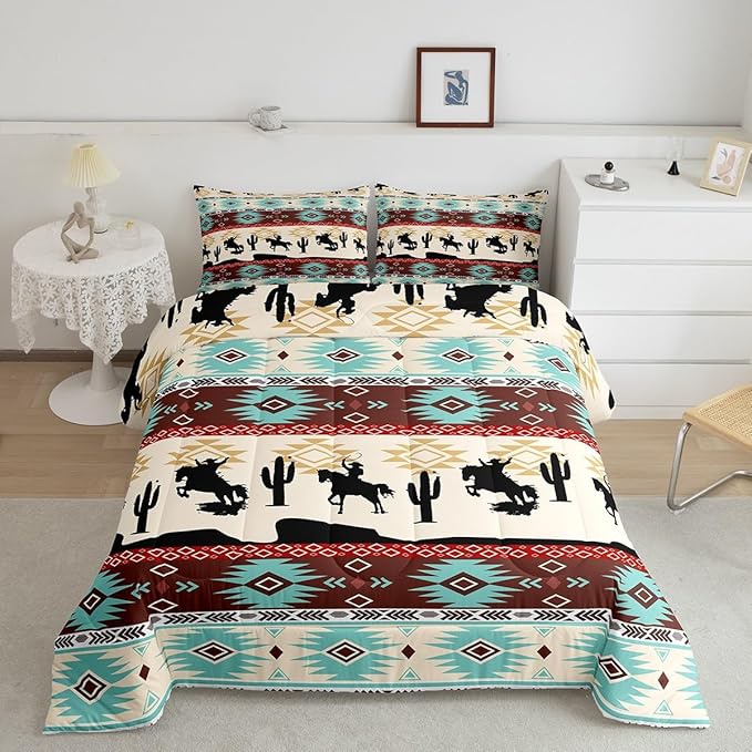 Feelyou Boho Comforter Set Full Size Horses Comforter Southwestern Native Aztec Bedding Set Farmhouse Wildlife Duvet Set Room Decor Beige Blue Quilt Set