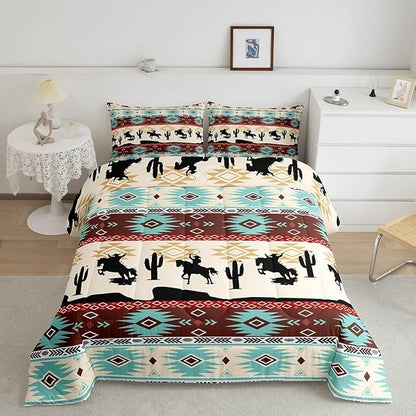 Feelyou Boho Comforter Set Full Size Horses Comforter Southwestern Native Aztec Bedding Set Farmhouse Wildlife Duvet Set Room Decor Beige Blue Quilt Set